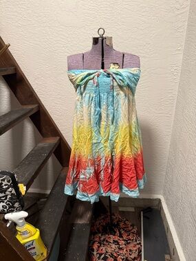 Peppermint Tie-Dye Strapless Midi Dress in Blue, Yellow & Red
